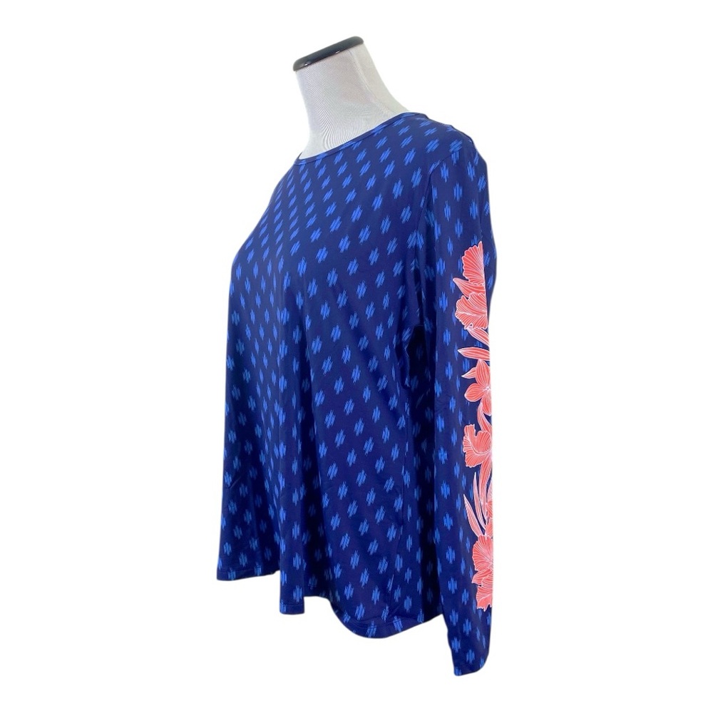 Lands End Rash Guard Athletic Swim Shirt Sz XL Blue Ikat Red Flower UPF 50